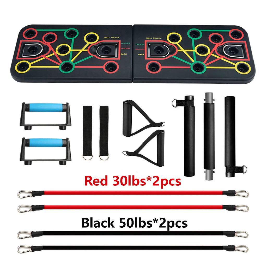 Foldable push up board with resistance bands