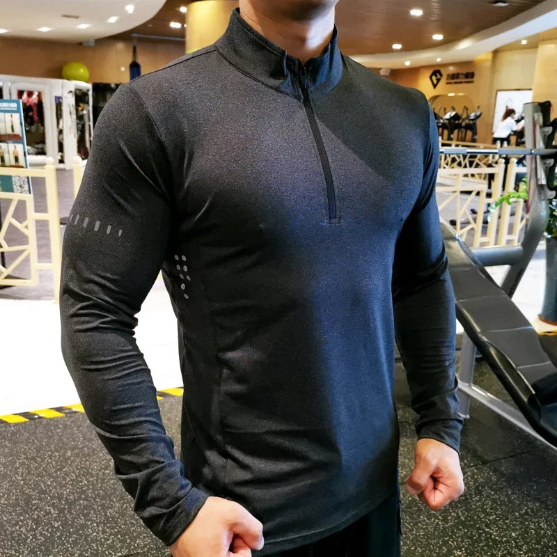 Quick Dry Running Shirt Men T-shirt Long Sleeve Compression Shirts Gym T-shirt Fitness Sport Cycling zipper Shirt Men Rashgard
