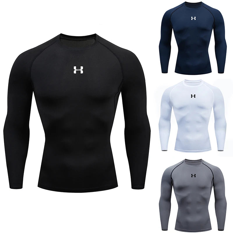 "Men long sleeve compression running shirt gym wear"